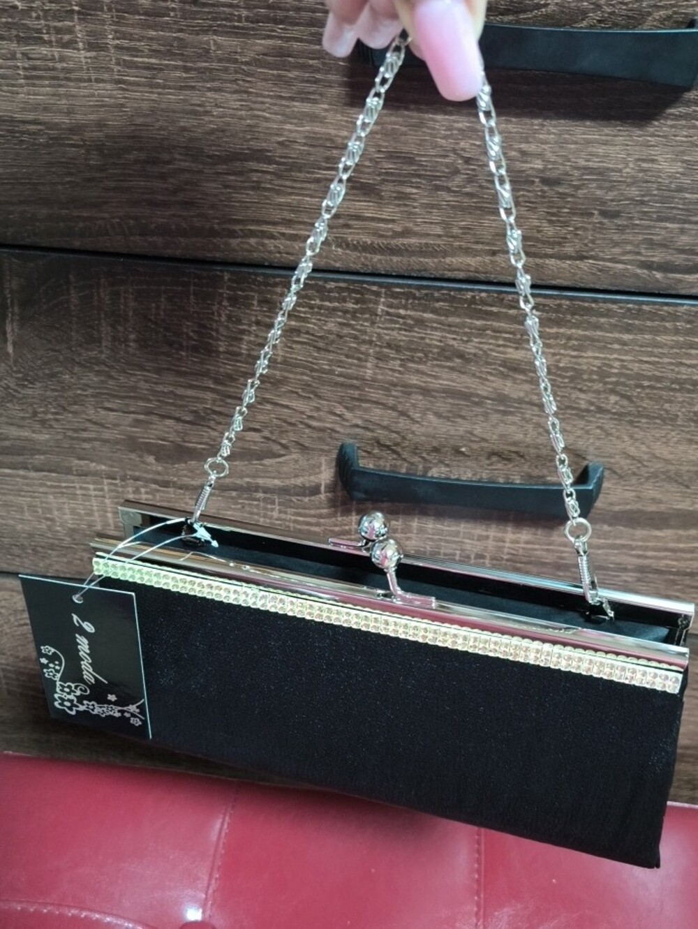 Black Satin Kiss-Lock Clutch with Metallic Accent - Picture 3 of 5